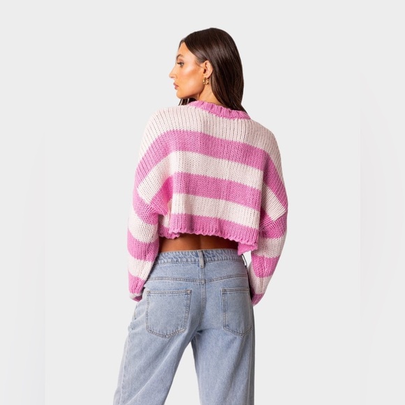 Pink Cropped Knit Striped Sweater - Picture 2 of 10